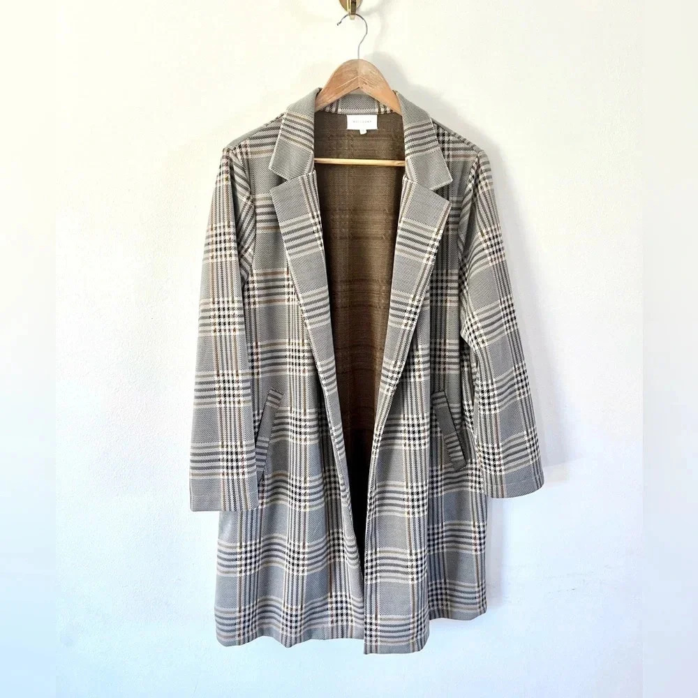 MELLODAY Brown & Tan Plaid Collared Open Front‎ Long Blazer Jacket Size 1X